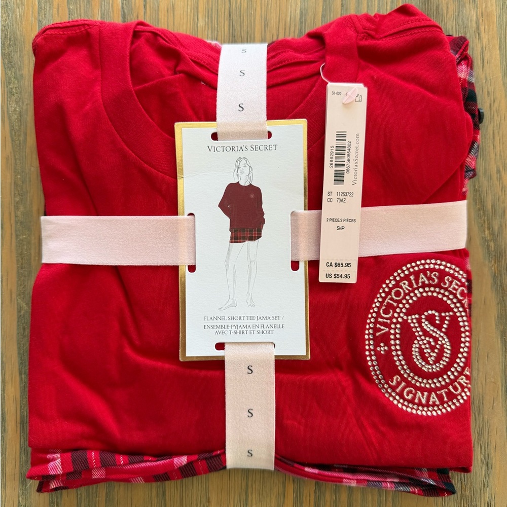 NWT Victoria’s Secret Red Plaid Flannel Short Tee-Jama Set Rhinestone Logo S